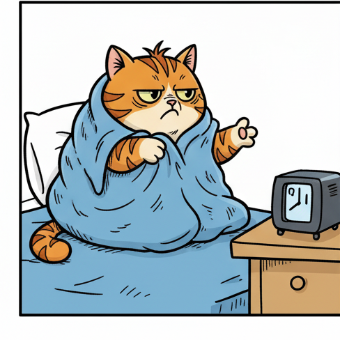 Panel 3: Puff is now sitting up fully in bed, looking exasperated. His front paws are wide open, gesturing dramatically towards t — Monday Negotiations