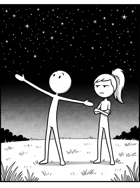 Panel 2: Same outdoor night setting. Bean raises one straight stick arm toward the stars in a grand, philosophical gesture. Ponyt — Cosmic Scale