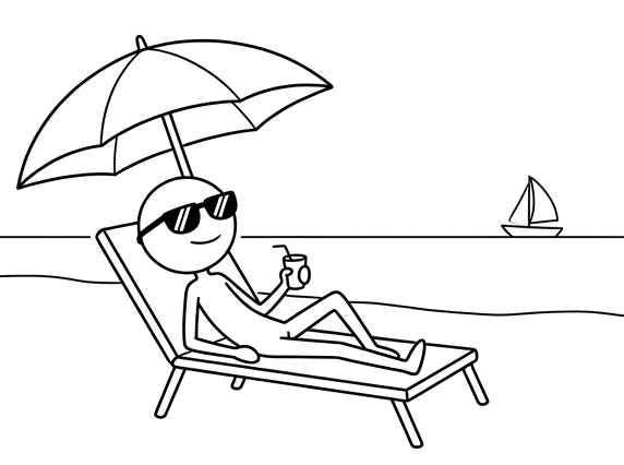 Panel 3: A stick figure wearing sunglasses reclines on a beach chair under an umbrella, holding a drink and looking out at the se — AI Will Take Our Jobs