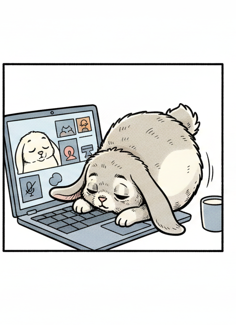 Panel 2: The laptop screen now displays the microphone icon glowing bright green, the diagonal line gone. Marshmallow's body is m — Hard at work Marshmallow