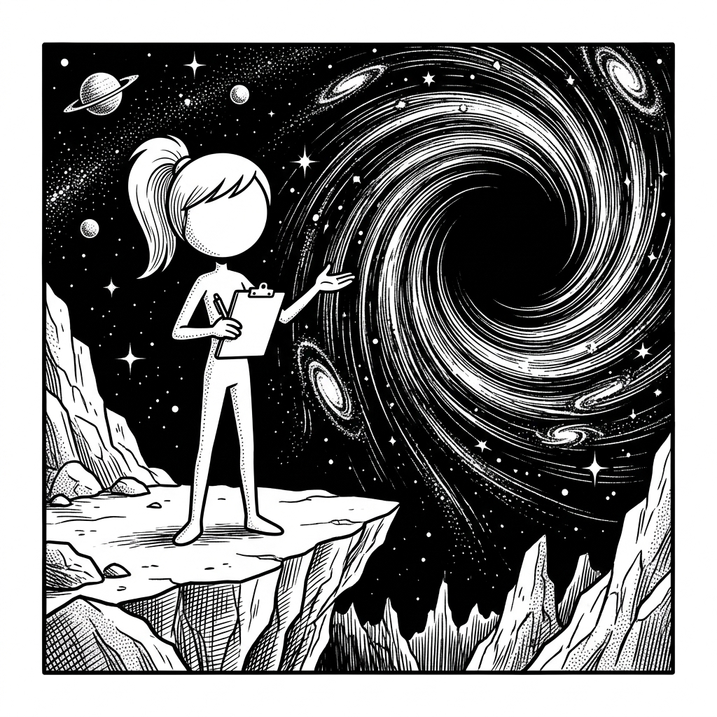 Panel 1: Ponytail, a minimalist black-line stick figure with a high ponytail, stands on a jagged rocky ledge at the edge of outer — Event Horizon of Productivity