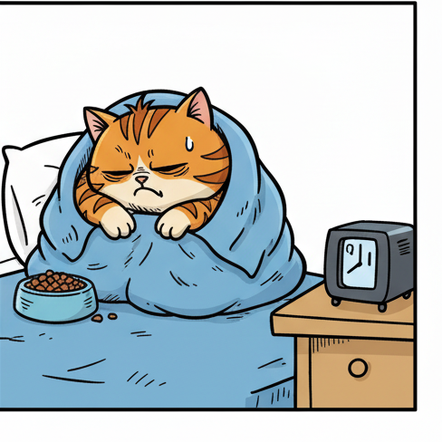 Panel 4: Puff is curled up in a tight, sleepy ball, completely back under the blanket. Only the very top of his head with the tuf — Monday Negotiations