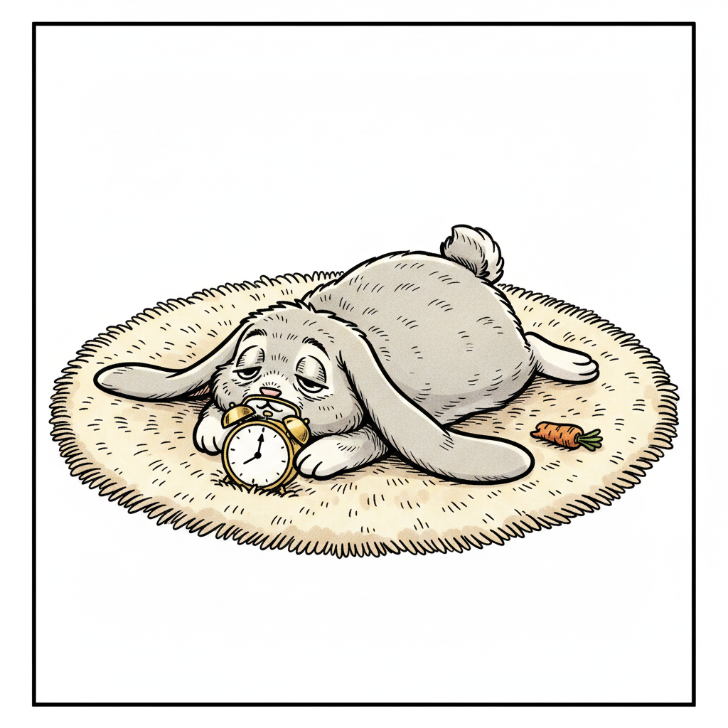 Panel 1: Marshmallow is stretched out flat on his back on a soft, circular, shaggy rug in a cozy living room. His long, grey-and- — Monday Blues