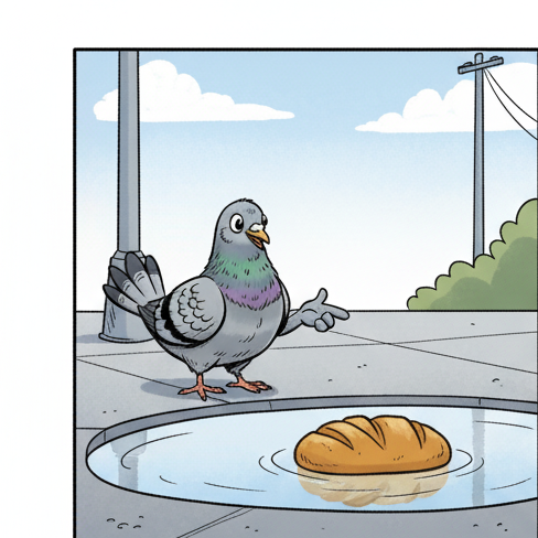 Panel 1: A grey city sidewalk with a large, still puddle. Roscoe, plump and confident, stands beside it, gesturing a ruffled tail — Crumb Futures