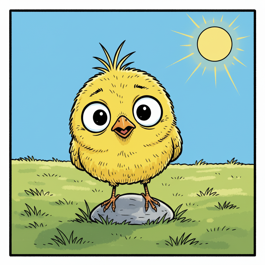 Panel 1: A vibrant, cloudless blue sky stretches across the upper half of the panel, meeting a lush, sun-drenched green meadow th — Pip's Weather Report