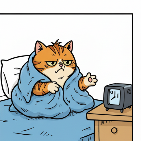Panel 2: Puff has emerged slightly more from the blanket; now his head and shoulders are visible. He is glaring intently at the a — Monday Negotiations