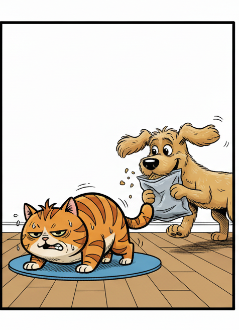 Panel 2: Same living room. Puff is now on his hands and stubby paws, attempting a wobbly push-up, looking tired. Biscuit is enthu — Puff's Diet