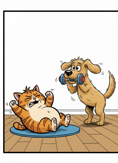 Panel 1: Inside a cozy living room. Puff, a grumpy orange tabby, is lying on a small mat, attempting a very slow, strenuous sit-u — Puff's Diet