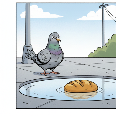 Panel 3: Biscuit, with his pink tongue lolling slightly, happily nudges a small, dry dog biscuit with his nose towards Roscoe's o — Crumb Futures