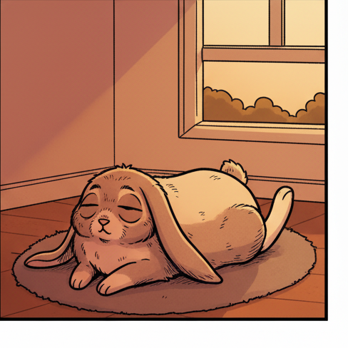 Panel 4: The room is now bathed in a deep orange, almost twilight glow from the window. Both Puff and Marshmallow are in the exac — The Great Nap-Off