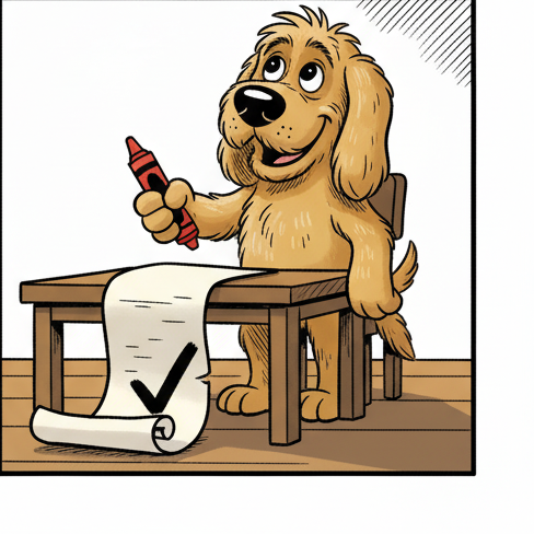 Panel 4: Biscuit stands tall and proud, chest puffed out, a wide, happy grin on his face, tongue lolling joyfully. He holds the c — Biscuit's To-Do List