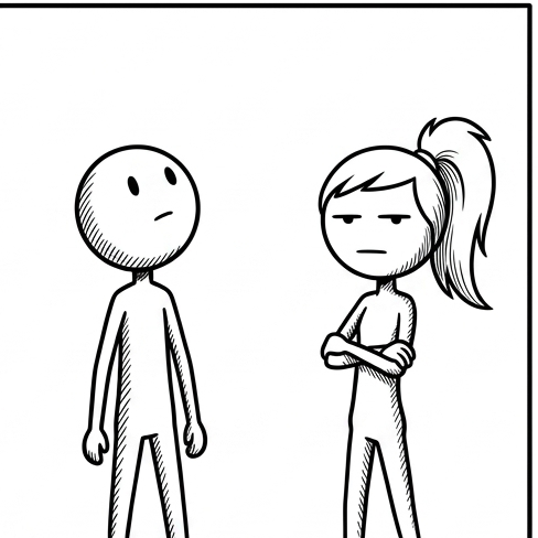 Panel 2: Bean remains still, staring upward. Ponytail maintains the crossed-arms pose, looking straight ahead with a flat, unimpr — A falling tree