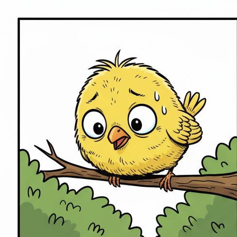 Panel 1: Pip, a tiny yellow songbird, perches precariously on a thin tree branch, eyes wide and feathers ruffled. Its head is til — Pip Cries Wolf