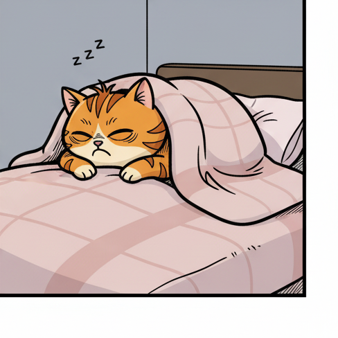 Panel 4: Cat curls back into bed. — Rise And Shine