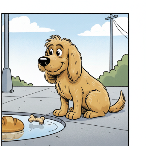 Panel 2: Roscoe is now perched on the very edge of the puddle, one orange-pink foot pointed dramatically at the water's surface.  — Crumb Futures