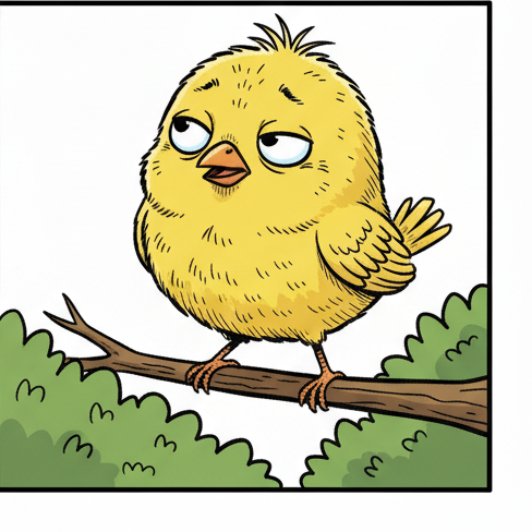 Panel 4: Pip stands tall and proud on the branch, chest puffed out, a ridiculously smug grin on its tiny beak. Its usually worrie — Pip Cries Wolf
