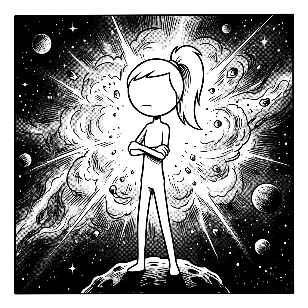 Panel 1: Deep space backdrop filled with distant stars. In the background, a massive, brilliant cosmic explosion of white light,  — Cosmic Housekeeping