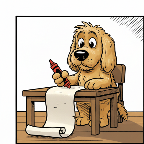 Panel 1: Biscuit sits upright at a small human-sized table, a comically long roll of paper unfurled before him. He holds a crayon — Biscuit's To-Do List