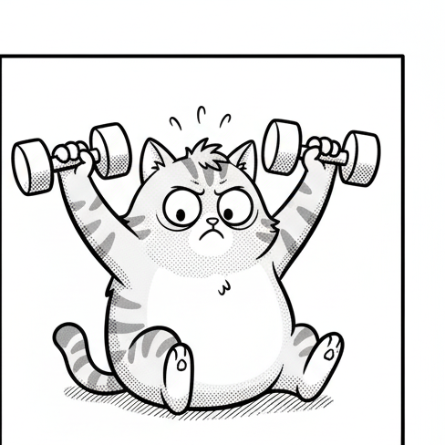Panel 2: Puff is on her back, barely holding two small dumbbells above her chest, one in each stubby paw. Her eyes are wide with  — Getting in Shape
