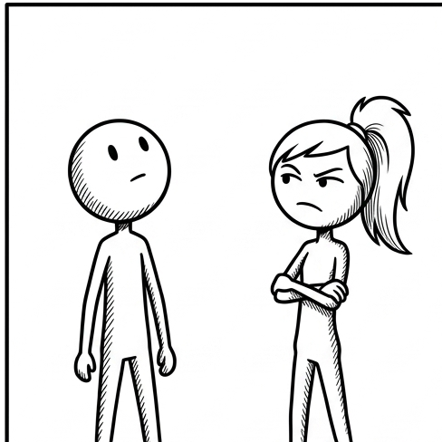 Panel 1: Bean stands in a relaxed, neutral pose, looking up at the empty space above. Ponytail stands nearby with arms crossed, l — A falling tree