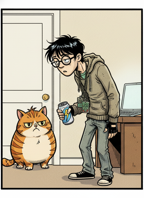 Panel 1: Dex is hunched over his laptop at a cluttered desk, wearing his rumpled grey hoodie, large black-rimmed glasses slightly — Puff's Whims