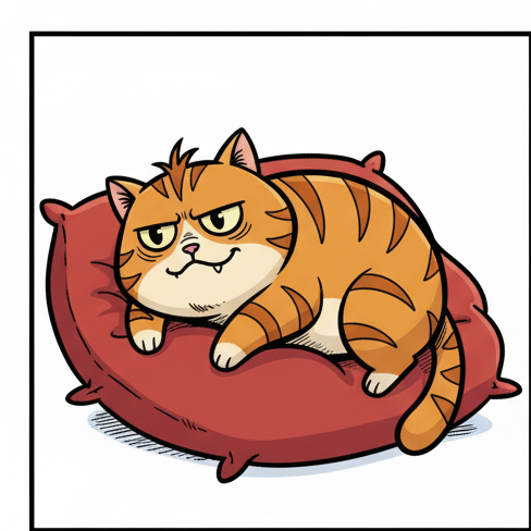 Panel 1: Puff, a chubby orange tabby, is sprawled lazily on a plush red cushion, propped up slightly. He has a challenging, grump — The Great Nap-Off