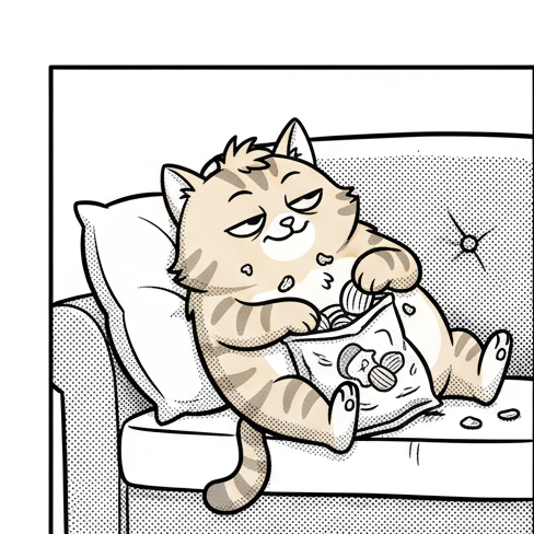 Panel 1: Puff, a chubby orange tabby cat, is sprawled across a plush sofa cushion, one paw lazily dipping into an open bag of chi — Getting in Shape