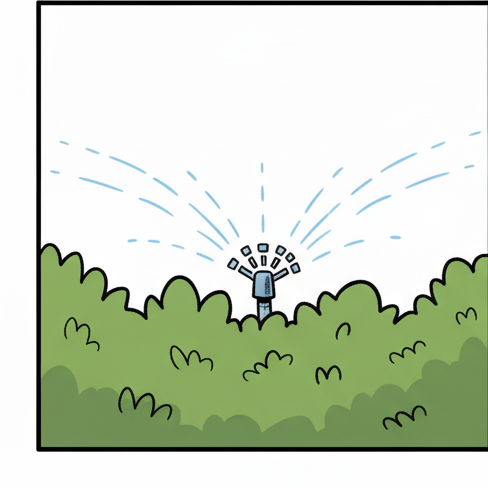 Panel 3: A small sprinkler head has suddenly popped up from the center of the bush, spraying an arc of water. Pip is initially jo — Pip Cries Wolf