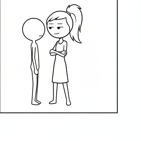Panel 4: Bean's shoulders are visibly slumped, their arms hanging loosely by their sides, and their head is bowed. Ponytail still — The Simulation Hypothesis