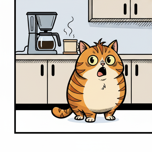 Panel 3: Cat stares at the empty coffee pot, horrified. — Rise And Shine