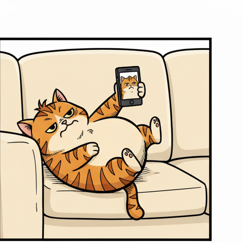 Panel 2: Puff is now lying on his back on the same sofa, paws crossed over his cream belly, holding the smartphone above his face — The Perfect Selfie