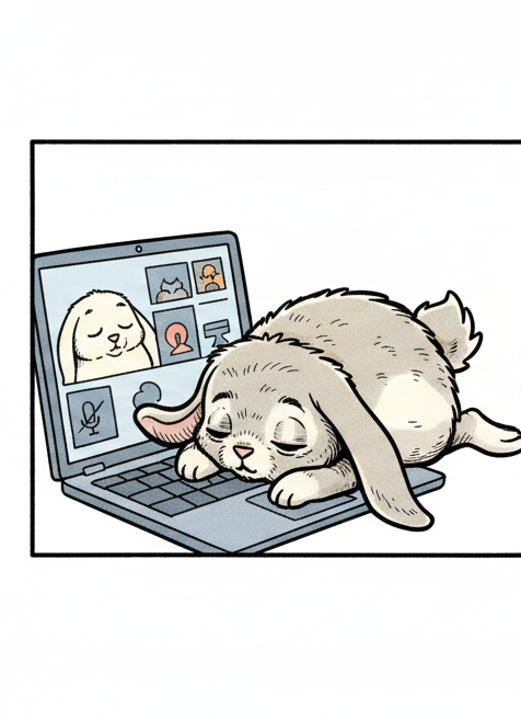 Panel 1: Marshmallow, a soft grey-and-white rabbit, is sprawled across a laptop keyboard, heavy eyelids completely closed. One lo — Hard at work Marshmallow