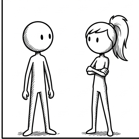 Panel 3: Bean turns its round, featureless head toward Ponytail. Ponytail's stance remains unchanged, looking back at Bean. — A falling tree