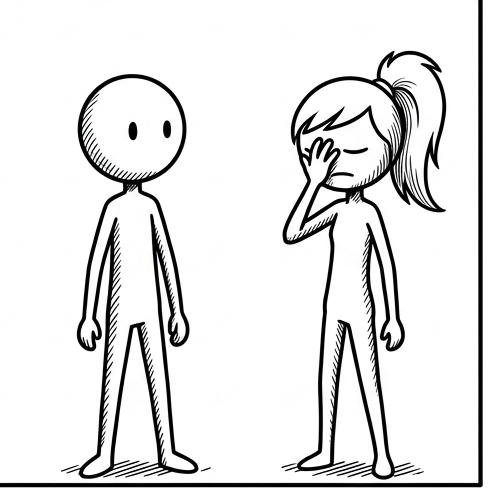Panel 4: Bean stands in its relaxed neutral pose. Ponytail raises one thin stick arm to press its hand against its featureless fa — A falling tree