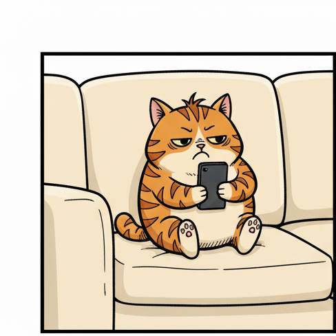 Panel 1: Puff, a chubby orange tabby, sits upright on a plush cream sofa, holding a black smartphone with both stubby front paws. — The Perfect Selfie
