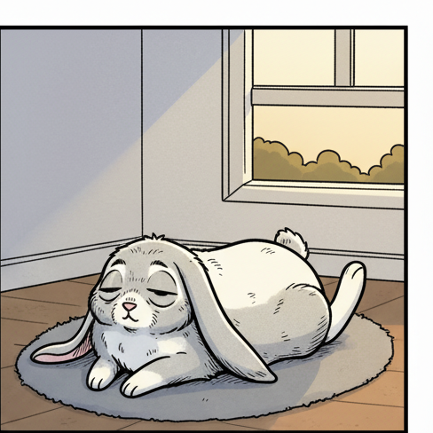 Panel 2: Puff is now curled into a tight ball on the plush red cushion, eyes squeezed shut with a determined, grumpy frown etched — The Great Nap-Off