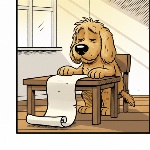 Panel 3: Evening light streams through a window. Biscuit is back at the table, looking at the same long, mostly blank scroll of p — Biscuit's To-Do List