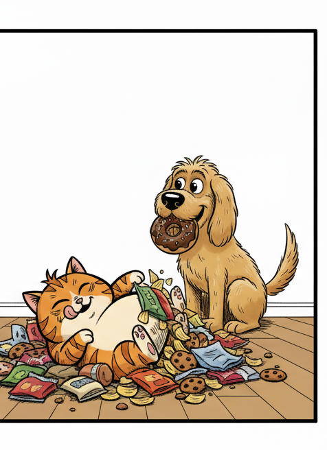 Panel 3: Puff is now happily sprawled out in the center of the living room floor, completely surrounded and partially buried by a — Puff's Diet