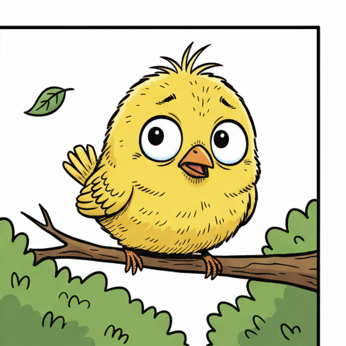 Panel 2: Pip is now crouched low on the branch, still looking terrified. Its beak is open slightly, and a single bead of sweat ro — Pip Cries Wolf