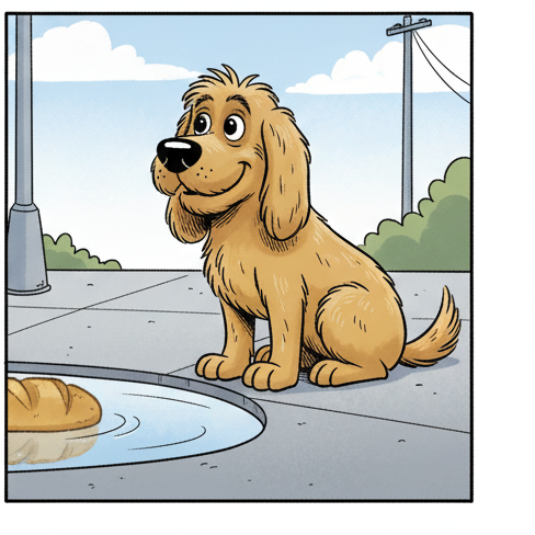 Panel 4: Biscuit is sitting squarely in front of the puddle, gazing with boundless optimism and a wide, happy grin at the perfect — Crumb Futures
