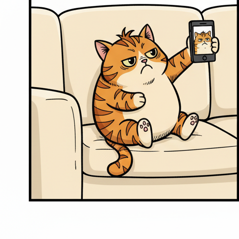 Panel 3: Puff is precariously balanced on the very edge of the sofa's armrest, stretching his neck out and twisting his body. He  — The Perfect Selfie