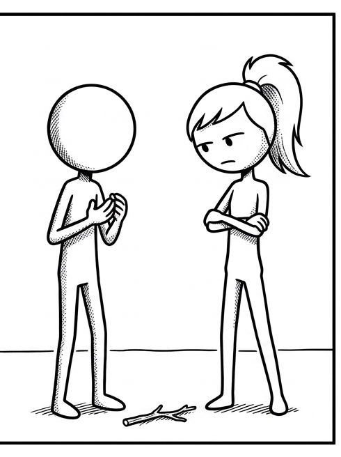 Panel 3: Bean has dropped the twig onto the ground and is now holding one of his stick-figure hands with the other, looking down  — How big is the universe?