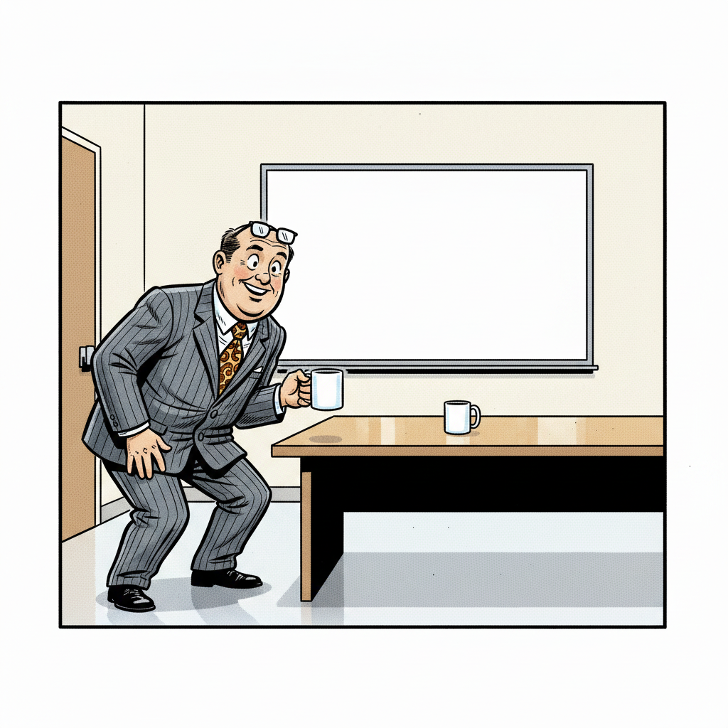 Panel 1: A stark, empty meeting room. A large white board is mounted on one wall. A single, generic coffee mug rests on the polis — Past Due