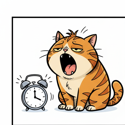 Panel 1: Cat yawns beside an alarm clock ringing loudly. — Rise And Shine