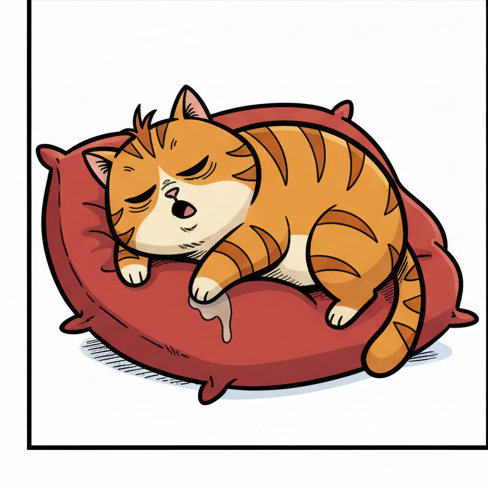 Panel 3: Puff is completely flopped over on the cushion, belly up, one paw dangling off the side. His grumpy face is relaxed in d — The Great Nap-Off