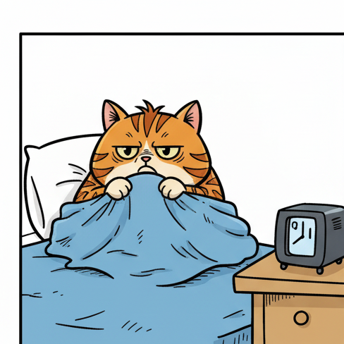 Panel 1: Puff is completely buried under a thick, fluffy blue blanket. Only his grumpy face with half-closed yellow-green eyes an — Monday Negotiations