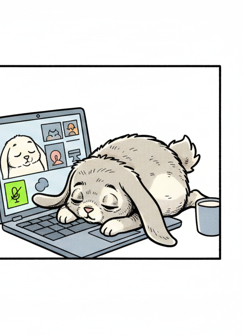 Panel 3: The laptop screen once again displays the grey microphone icon with a diagonal line through it. Marshmallow is back to b — Hard at work Marshmallow
