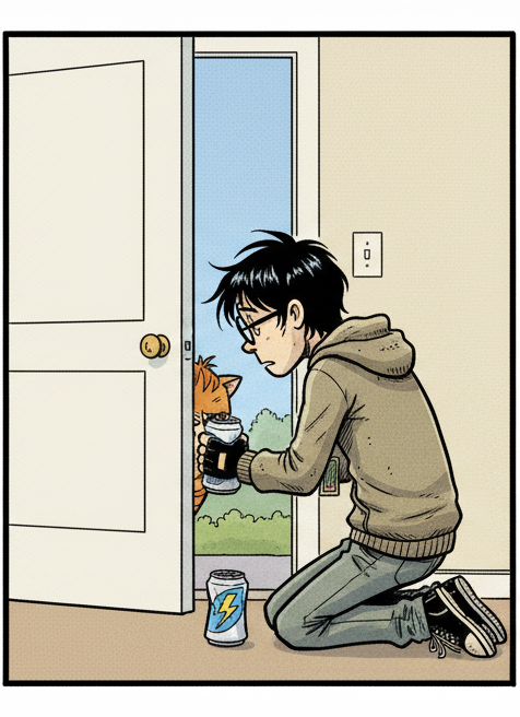 Panel 2: The back door is now slightly ajar. Puff's head, with its grumpy expression and prominent stripes, is peeking out from t — Puff's Whims