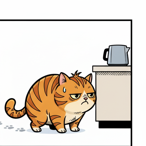 Panel 2: Cat drags itself to the kitchen, eyes half-closed. — Rise And Shine
