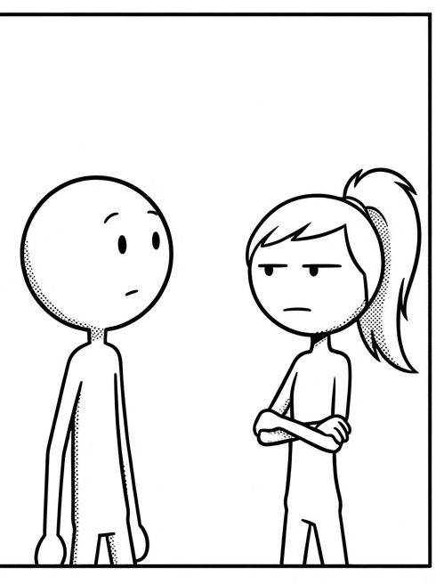 Panel 3: A closer shot of the two stick figures. Bean has lowered the arm and is now standing very still, head turned slightly to — Cosmic Scale